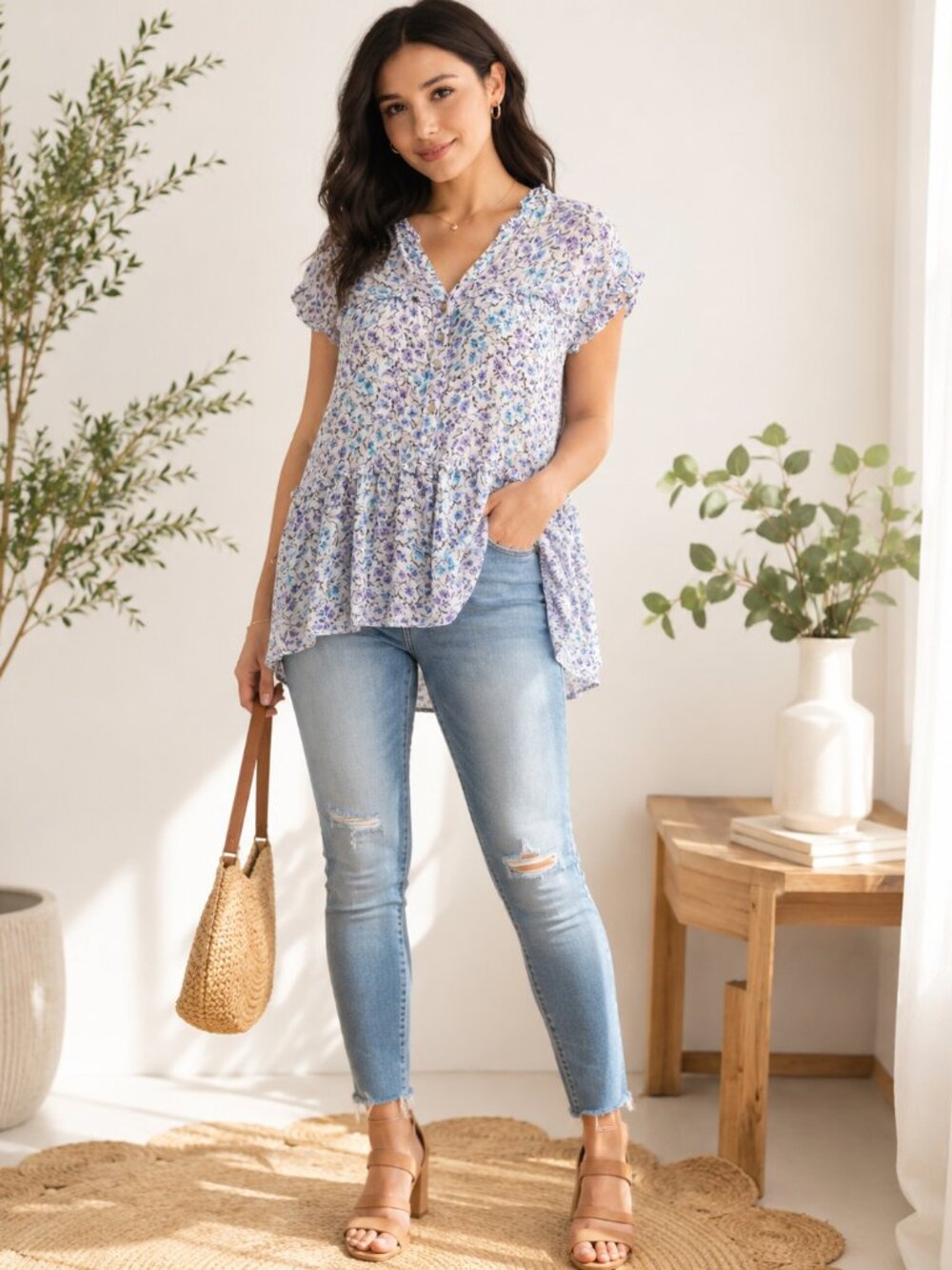 Jane + Delancey Floral Blouse L Blue Purple High Low Tiered Rayon Top
